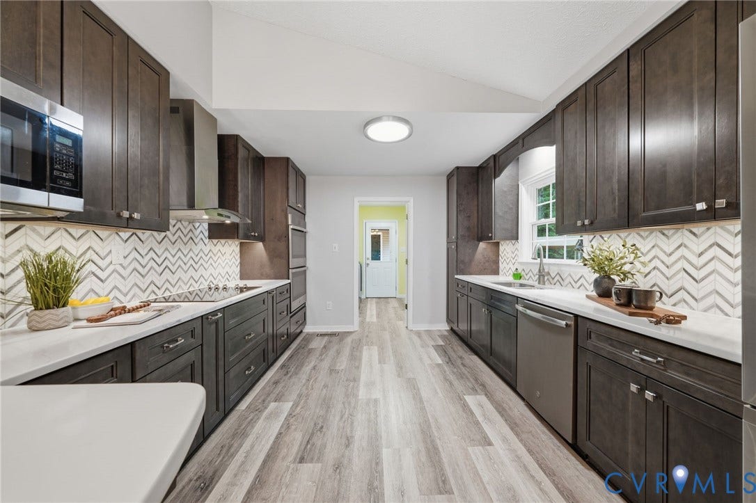 2231 Red Lane Road, Powhatan, VA 23139 Modern galley kitchen blending style & efficiency w/elegant dark cabinetry, white quartz counters, stainless steel appliances, & a striking chevron backsplash.