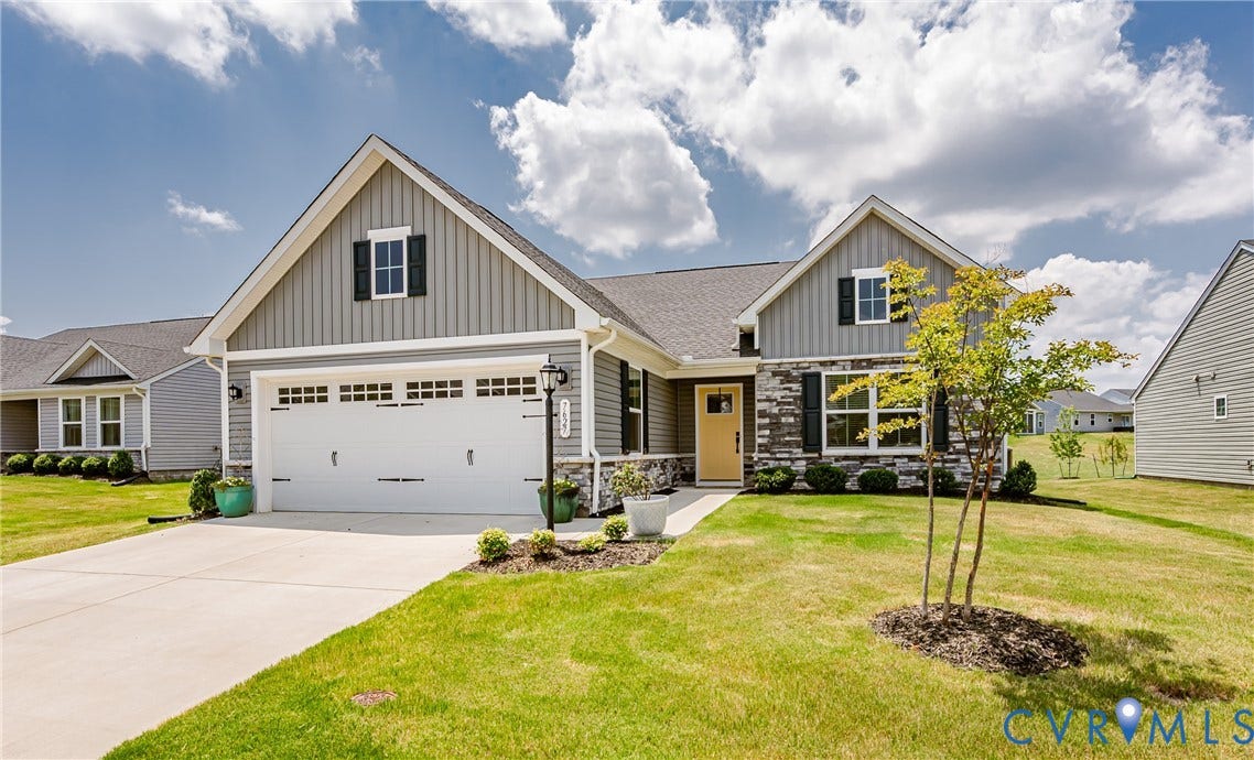 7627 E Danube Loop, New Kent, VA 23124 Contemporary ranch-style exterior featuring a combination of horizontal siding, vertical board and batten, and stone accents