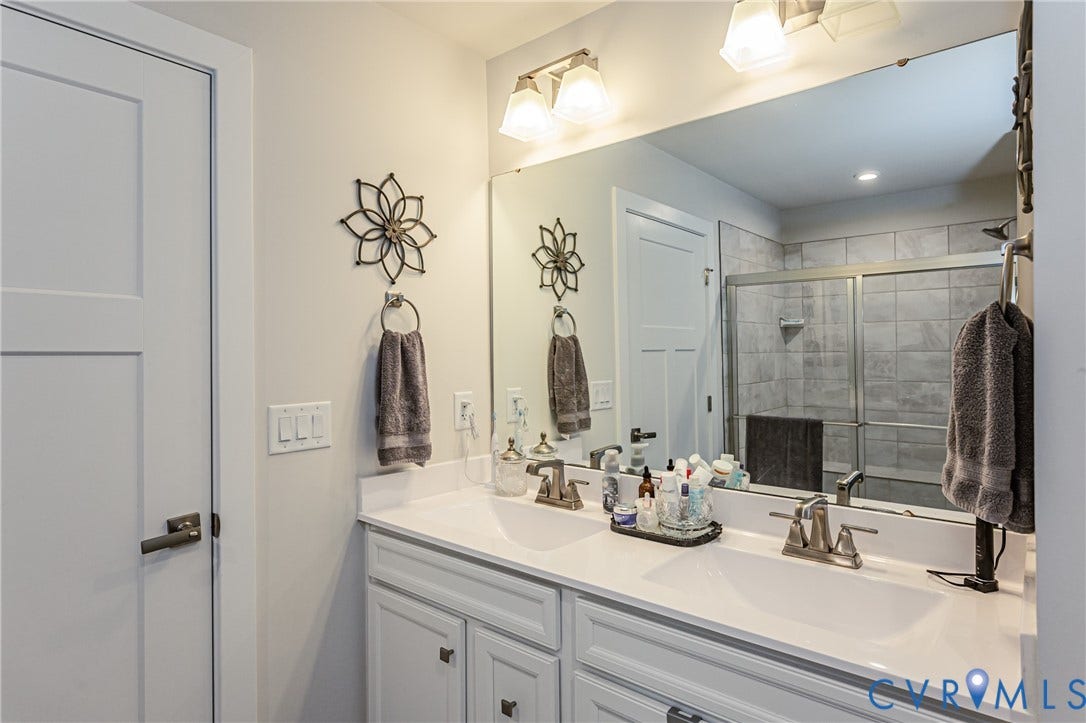 7627 E Danube Loop, New Kent, VA 23124 Dual vanity with white cabinetry and integrated sinks