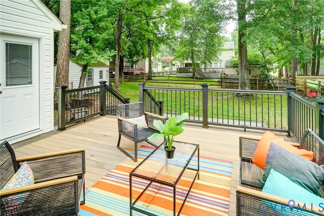9724 Kingscroft Drive, Kingston, Glen Allen, VA 23060 Expansive outdoor deck featuring wood-finish flooring, dark-toned railings, and a white exterior door with an inset window