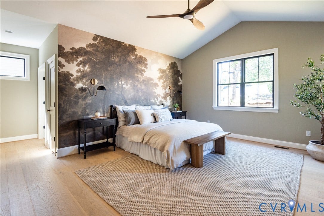 4507 Leonard Parkway, Richmond, VA 23221 Vaulted ceilings with a ceiling fan, light wood-finish flooring, and a large window with black trim