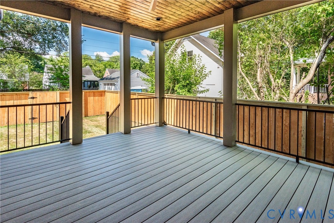 4507 Leonard Parkway, Richmond, VA 23221 Spacious covered deck featuring wood-finish ceiling, composite decking, and black metal railings