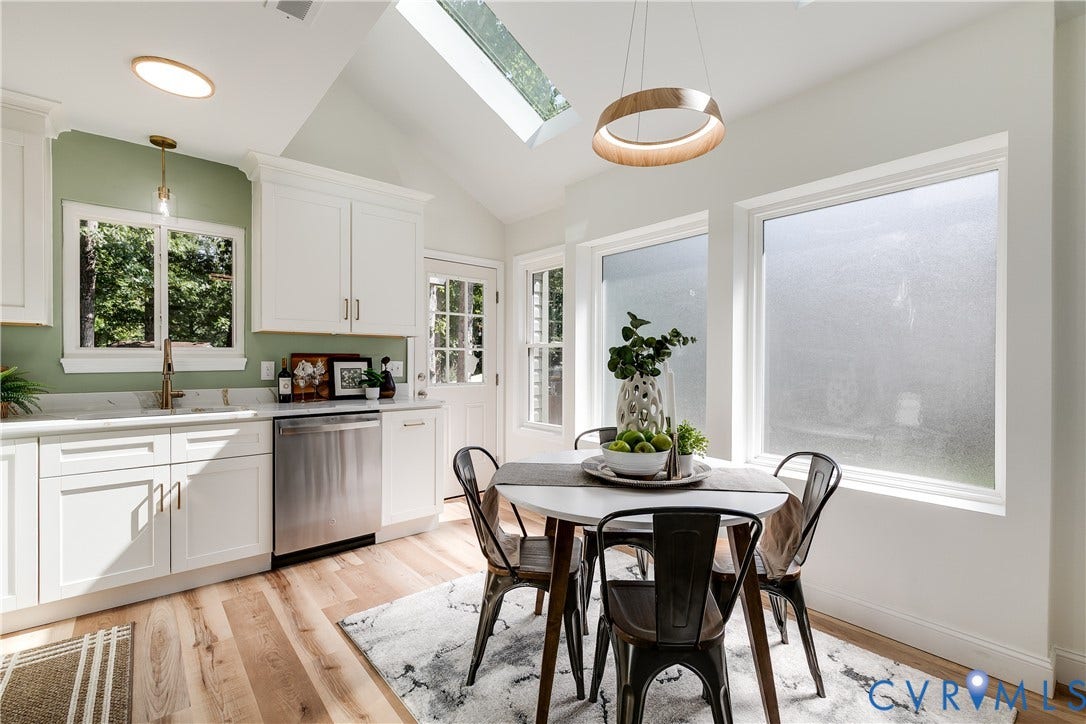 Beautiful eat-in kitchen dining area with 2 skylights
