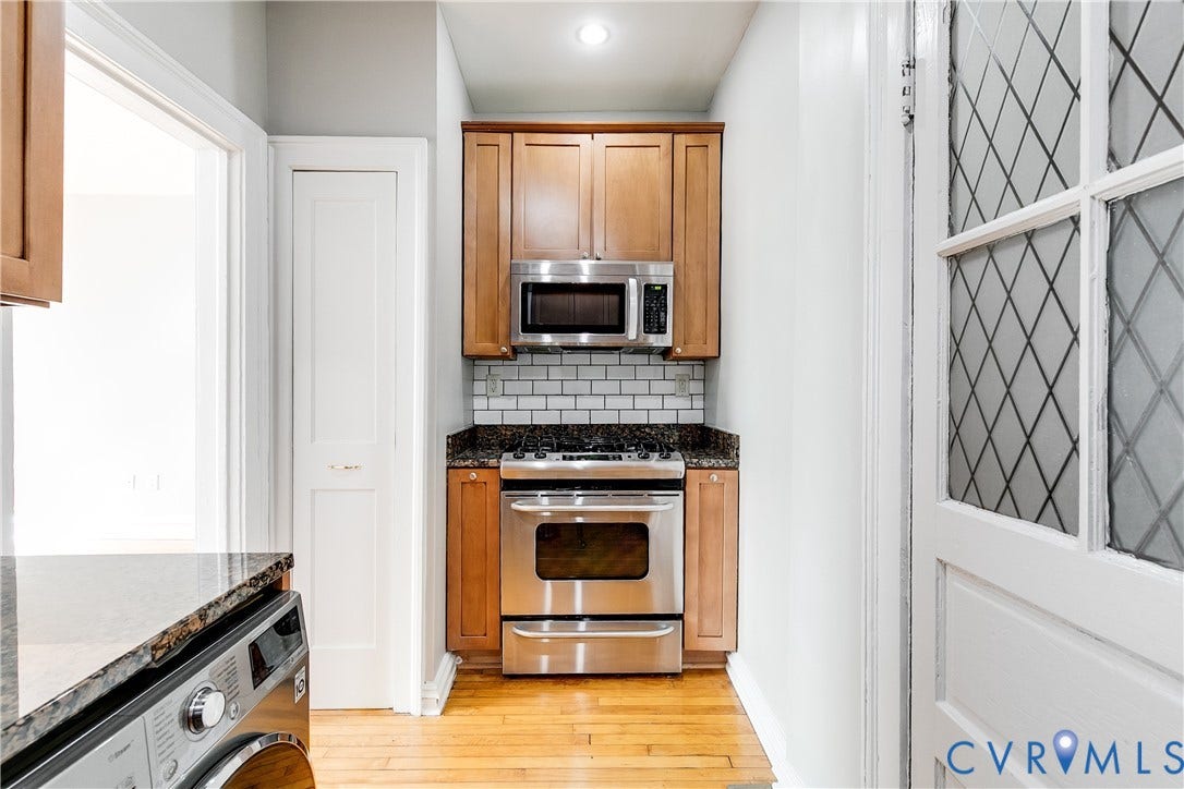 View of stove, microwave