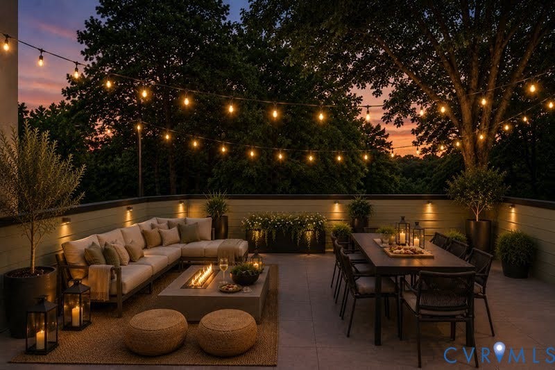 7301 Riverside Drive, Richmond, VA 23225 Expansive outdoor patio featuring string lighting, a built-in fire pit, multiple wall-mounted sconces, a large dining table, and a sectional sofa