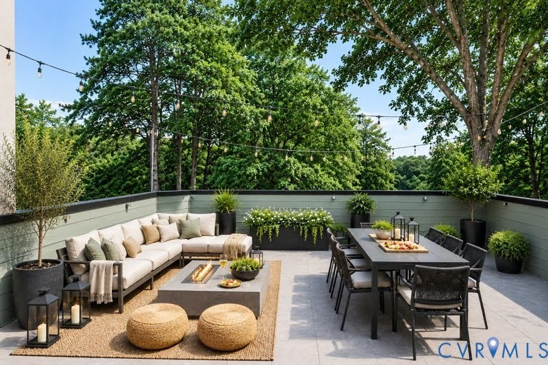 7301 Riverside Drive, Richmond, VA 23225 Expansive rooftop terrace featuring a large L-shaped sectional, a concrete fire pit, and a dining table with seating for eight