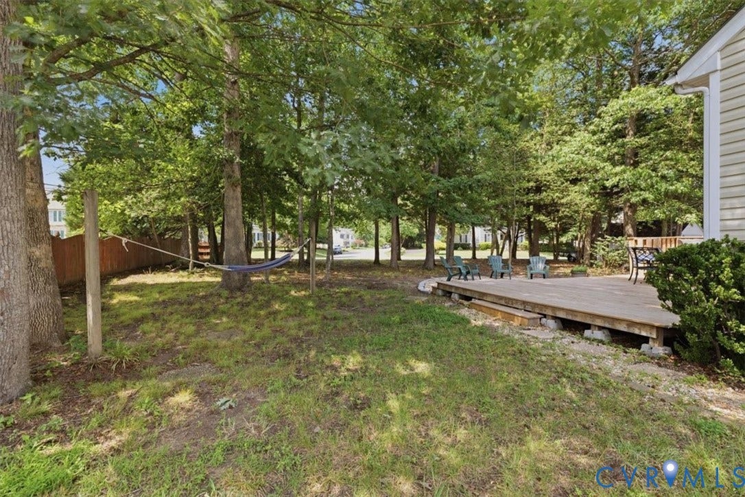 1824 Sidney Court, Glen Allen, VA 23059 Rear yard featuring a wooden deck, mature trees, and a hammock