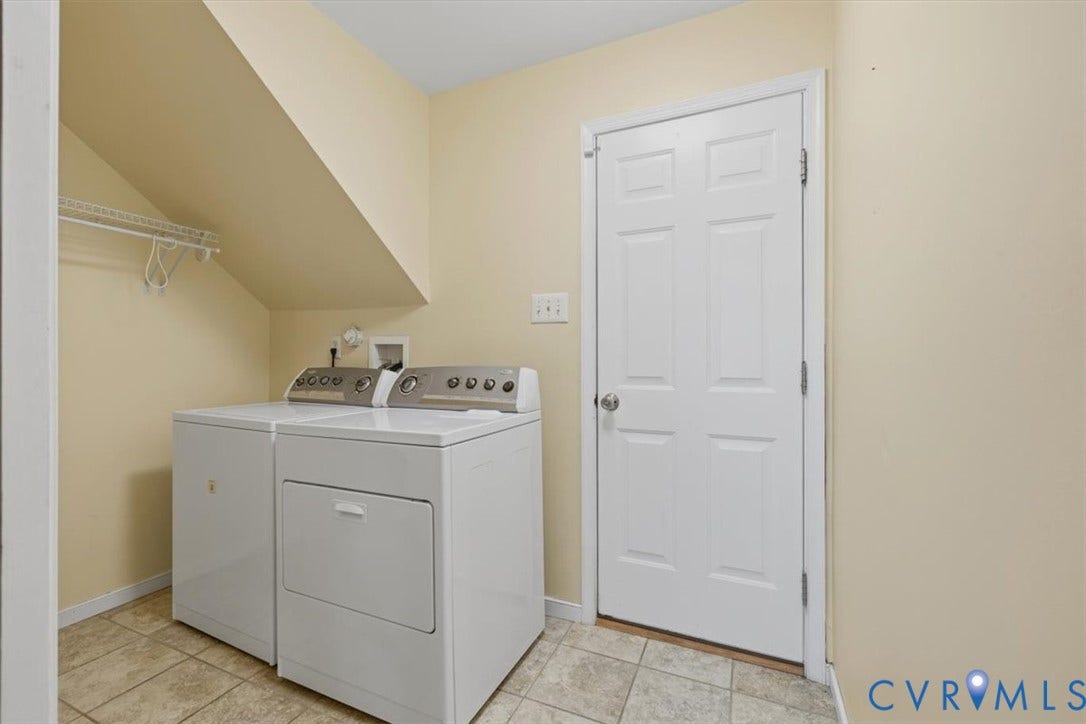 1824 Sidney Court, Glen Allen, VA 23059 Dedicated 1st Floor laundry room with pocket door, tiled floor, overhead shelving, and a door out to the garage.