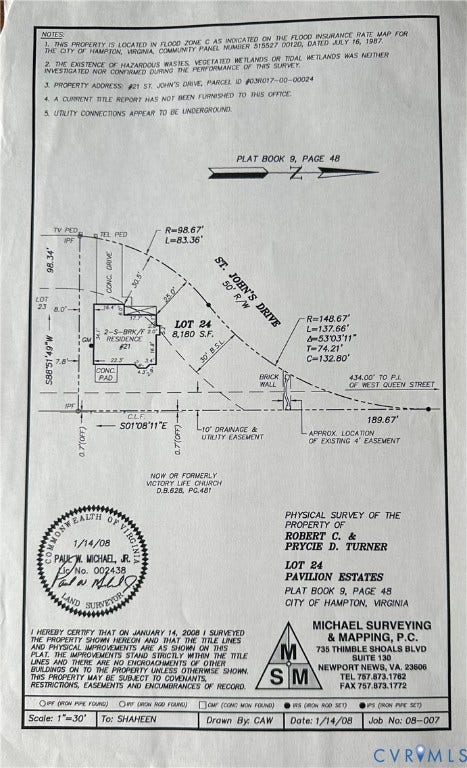 21 St Johns Drive, Hampton, VA 23666 Physical Survey. Illustrating property boundaries, dimensions, and relevant features