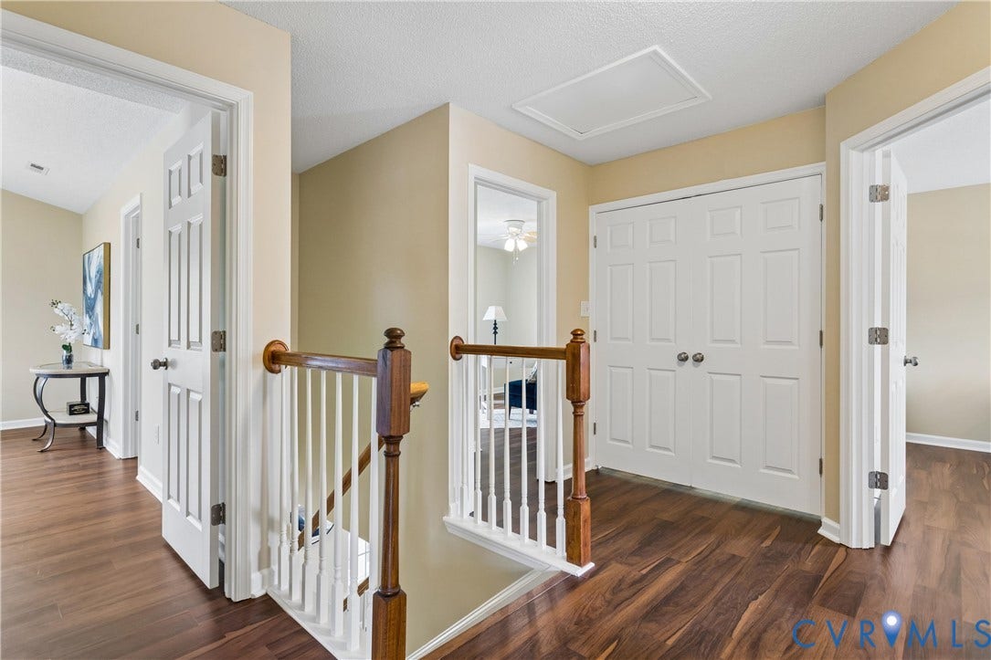 21 St Johns Drive, Hampton, VA 23666 Upper-level hallway featuring wood-finish flooring, light tan wall color, white trim, and white paneled doors