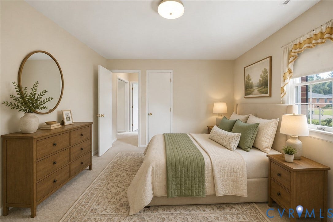 121 Huntington Road, Colonial Heights, VA 23834 Virtual Staged Neutral-toned bedroom with plush carpet flooring, a window offering natural light, and a ceiling-mounted light fixture