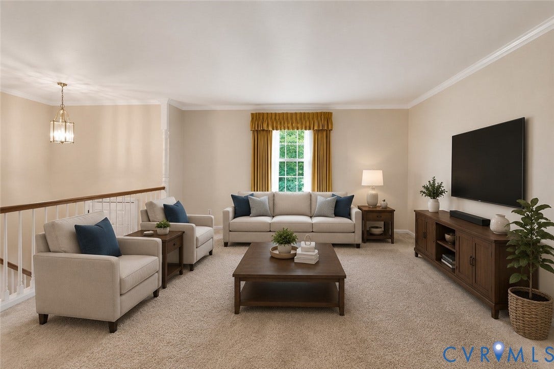 121 Huntington Road, Colonial Heights, VA 23834 Virtual Staged Spacious upper-level living area with neutral carpeting, crown molding, and a prominent window with a valance