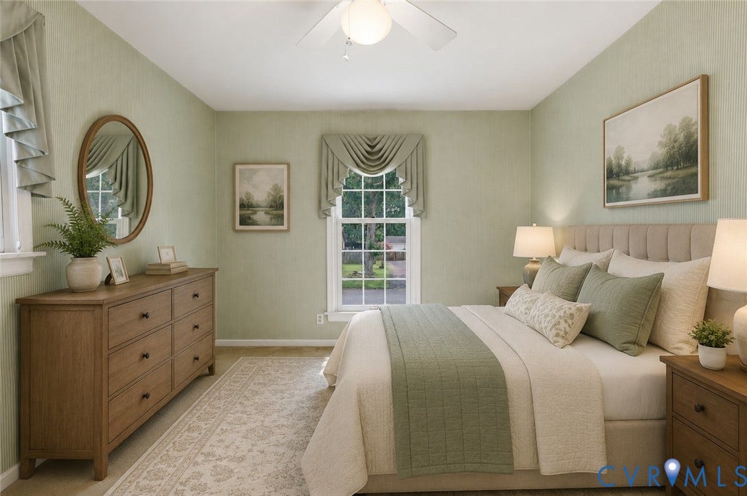 121 Huntington Road, Colonial Heights, VA 23834 Virtual Staged Bedroom featuring two windows with valances, a built-in ceiling fan with light fixture, carpeted flooring, and a paneled headboard