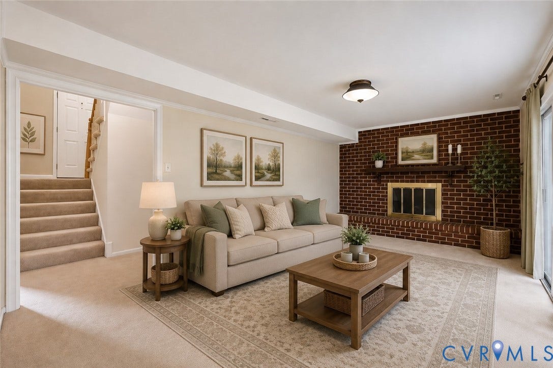 121 Huntington Road, Colonial Heights, VA 23834 Virtual Staged Living area featuring a brick fireplace with a wood mantle and brass-toned screen, light-toned carpeting, and a glass-paneled sliding door