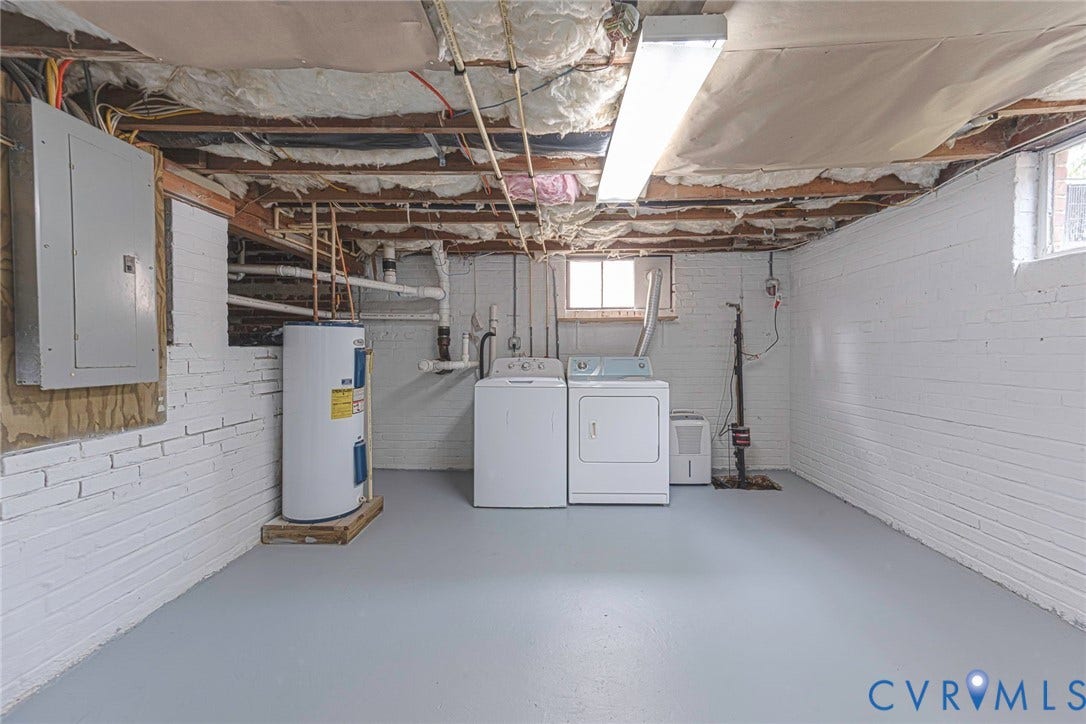 1402 Rhode Island Avenue, Glen Allen, VA 23060 Basement utility area featuring painted brick walls, exposed ceiling joists with insulation, concrete flooring, and multiple utility hookups