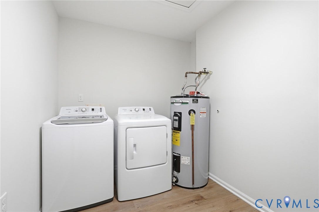 3700 Malbon Way, Chesterfield, VA 23832 Dedicated utility area featuring wood-finish flooring, a water heater, and a ceiling access panel