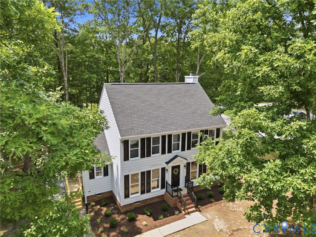 3700 Malbon Way, Chesterfield, VA 23832 Two-story residence featuring white siding, dark shutters, a front porch with brick steps, and an asphalt shingle roof
