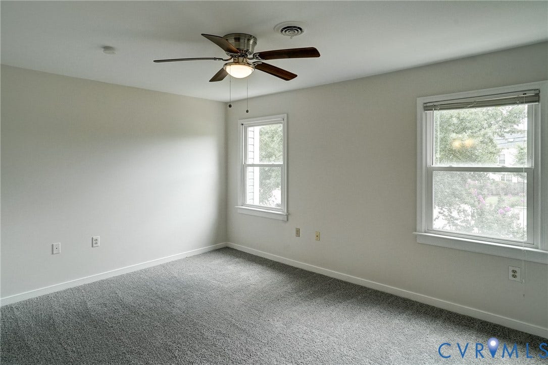 2221 High Bush Circle, Glen Allen, VA 23060 Carpeted room featuring two windows with blinds, a ceiling fan with light, and white baseboards