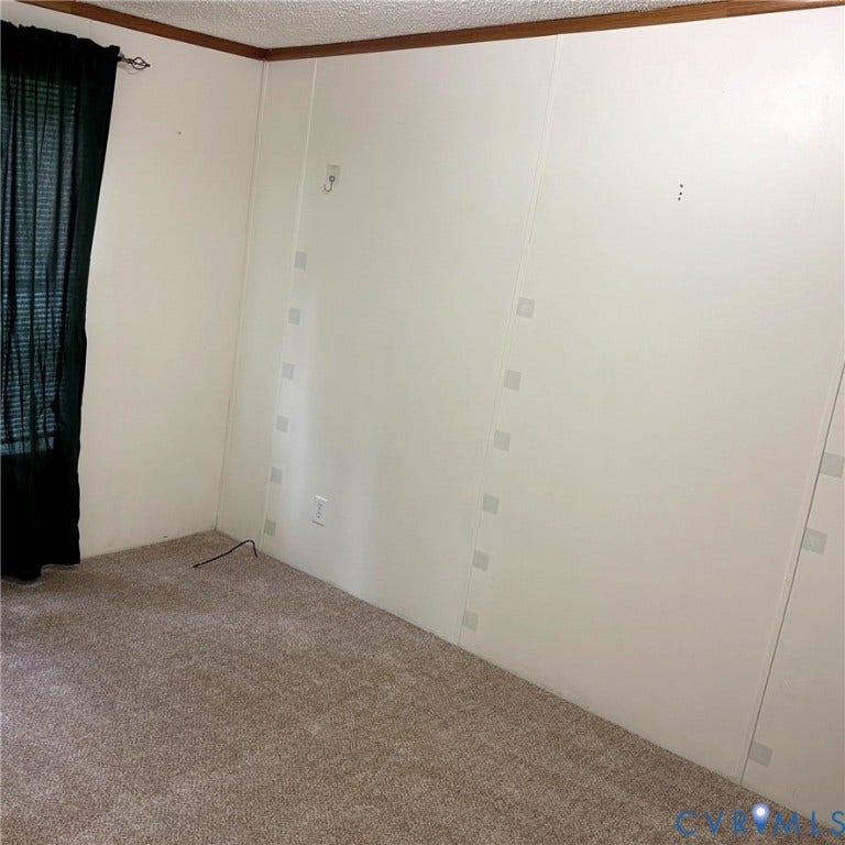Neutral-toned wall panels with wood trim and textured ceiling, complemented by patterned carpeting