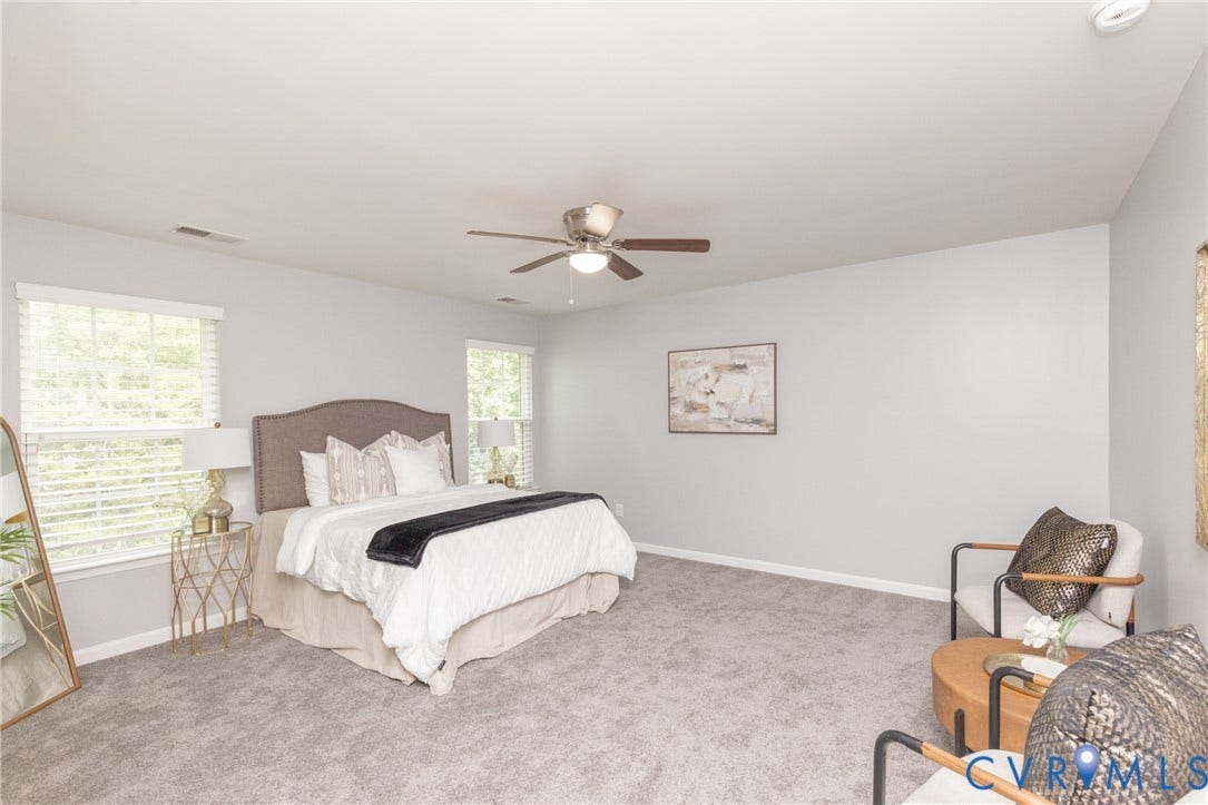 12814 Bailey Hill Court, Bayhill Pointe, Midlothian, VA 23112 Spacious room with light gray carpeting, neutral wall colors, and a ceiling fan with integrated lighting