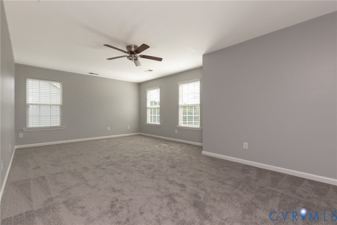12814 Bailey Hill Court, Bayhill Pointe, Midlothian, VA 23112 Spacious room featuring neutral carpeting, light gray walls, a ceiling fan, and multiple windows with blinds
