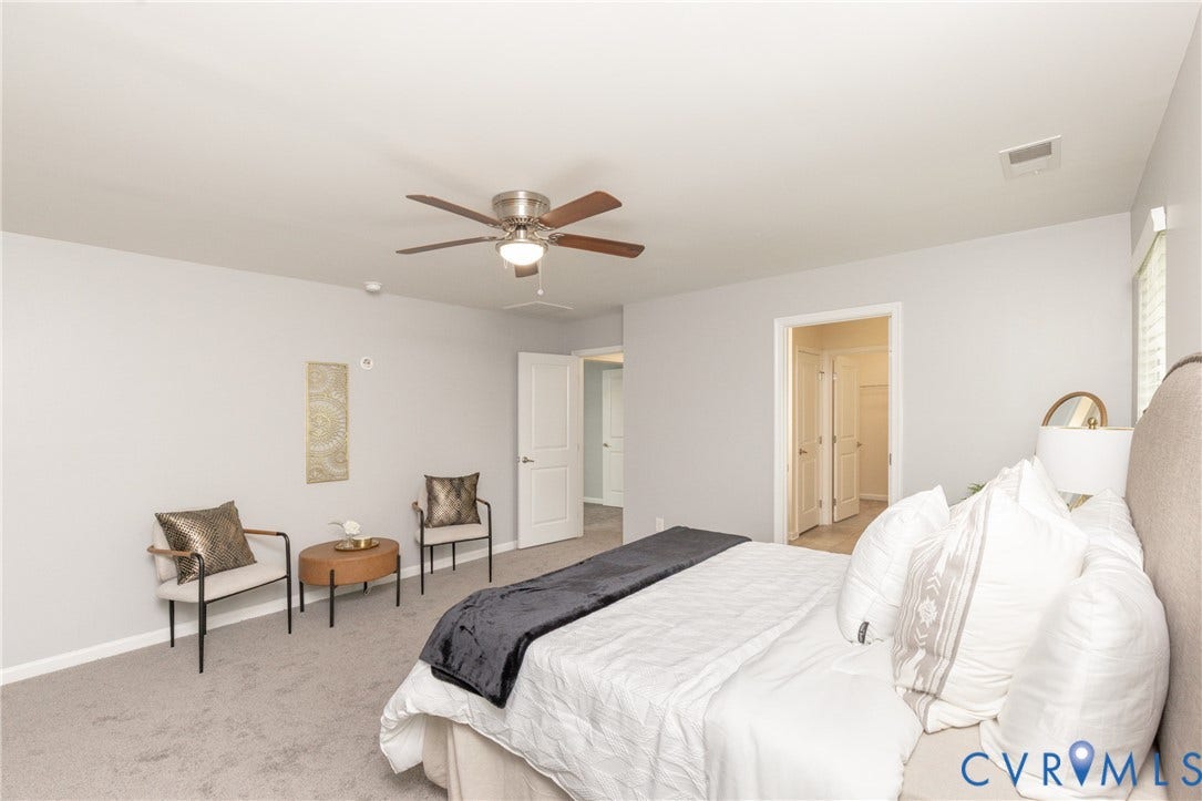 12814 Bailey Hill Court, Bayhill Pointe, Midlothian, VA 23112 Neutral wall paint and carpeting throughout, featuring a ceiling fan with integrated lighting