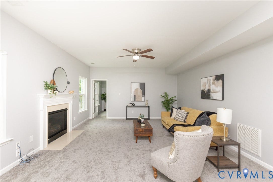 12814 Bailey Hill Court, Bayhill Pointe, Midlothian, VA 23112 Carpeted living space with a white mantel fireplace, ceiling fan, and recessed lighting