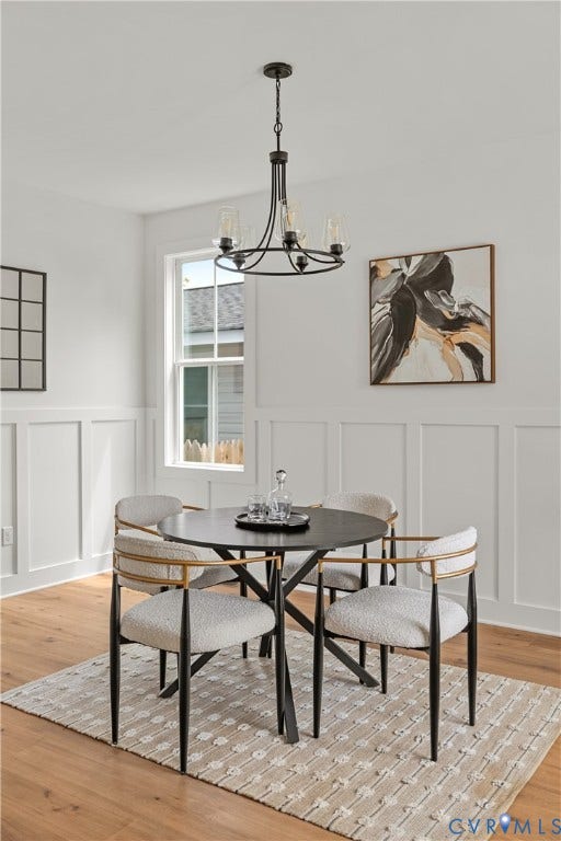 Wood-finish flooring complemented by white wainscoting