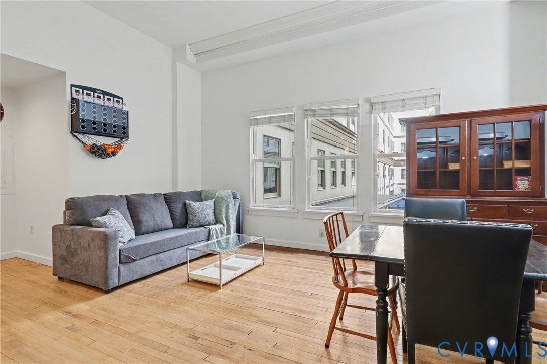 230 N 6th Street, #U325, Richmond, VA 23219 Open-concept living area featuring hardwood flooring, multiple windows providing natural light, and high ceilings