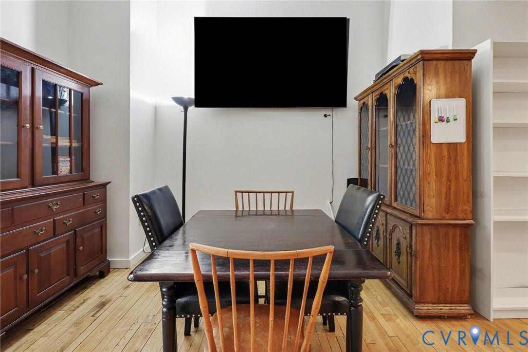 230 N 6th Street, #U325, Richmond, VA 23219 Dining area featuring wood-finish flooring, white walls, and built-in shelving