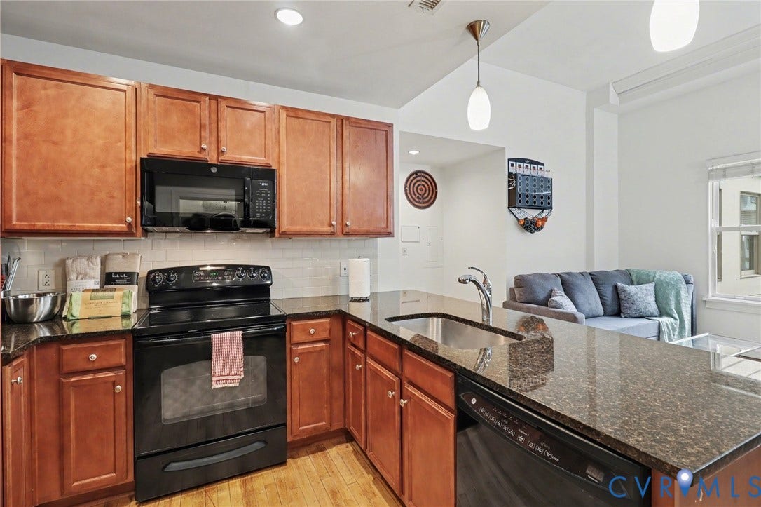 230 N 6th Street, #U325, Richmond, VA 23219 Kitchen featuring wood-finish cabinetry, black appliances, a tile backsplash, and a peninsula with a built-in sink and dark countertop