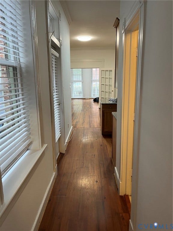 220 W Marshall Street, Jackson Ward, Richmond, VA 23220 Hardwood flooring extending through the hallway, featuring white window blinds and ceiling-mounted lighting