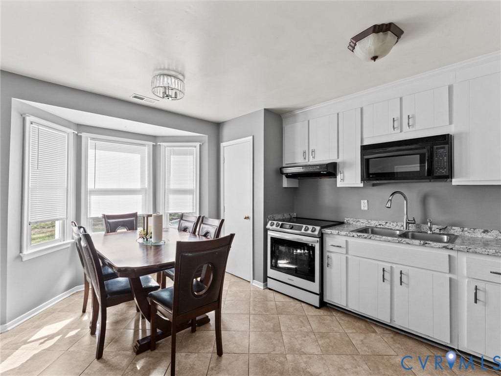 7323 Pineleaf Drive, Chesterfield, VA 23234 Kitchen featuring white cabinetry with brushed nickel hardware, a double basin stainless steel sink, and light-toned countertops