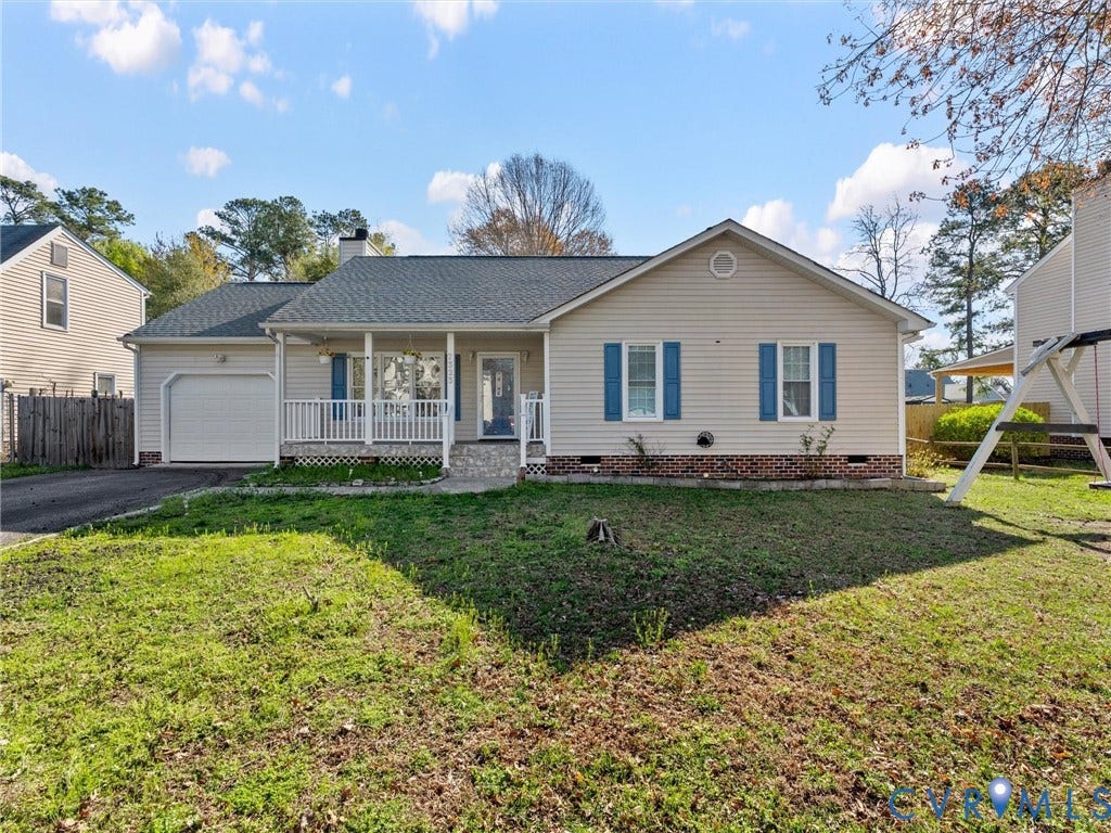 7323 Pineleaf Drive, Chesterfield, VA 23234 Ranch-style exterior featuring light-colored siding, a covered front porch with white railings, an attached single-car garage, and blue window shutters