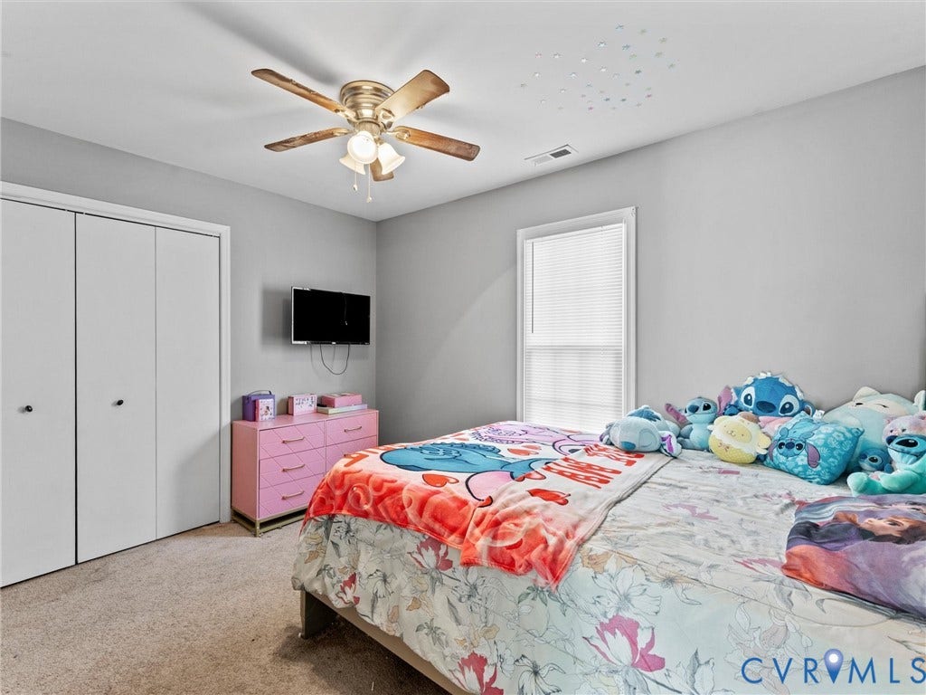 7323 Pineleaf Drive, Chesterfield, VA 23234 Bedroom featuring neutral wall paint, carpet flooring, a ceiling fan with light fixture, and a window with horizontal blinds