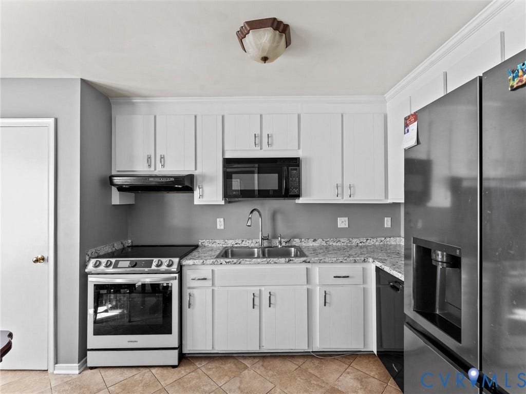 7323 Pineleaf Drive, Chesterfield, VA 23234 Kitchen featuring white cabinetry, light-toned countertops, a stainless steel electric range, and a double basin sink