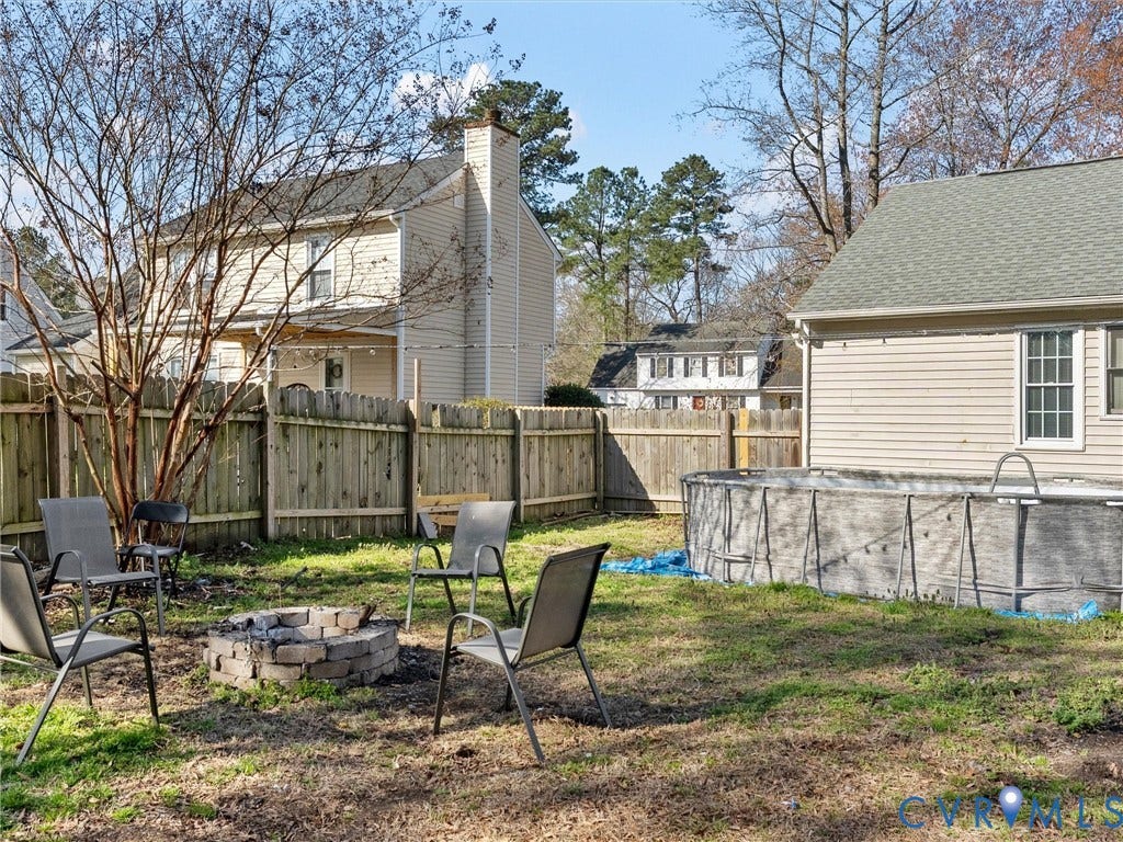 7323 Pineleaf Drive, Chesterfield, VA 23234 Spacious backyard featuring a privacy fence, a built-in fire pit, and a detached structure with siding