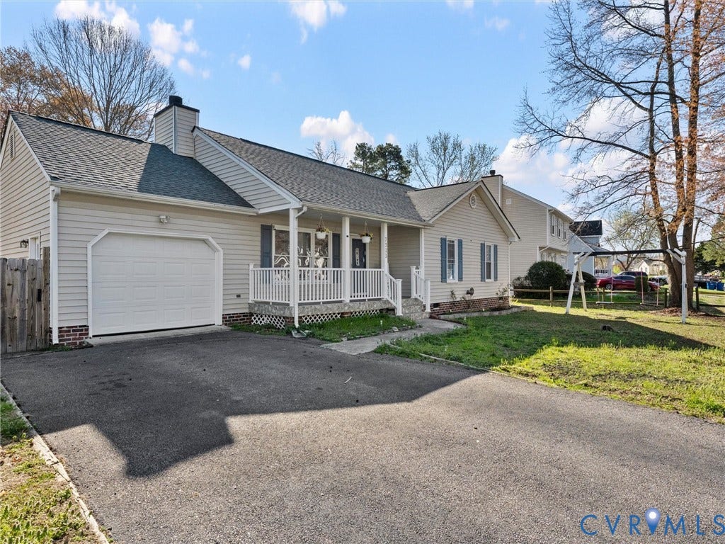7323 Pineleaf Drive, Chesterfield, VA 23234 Ranch-style exterior with light-colored siding, a covered front porch, and an attached one-car garage