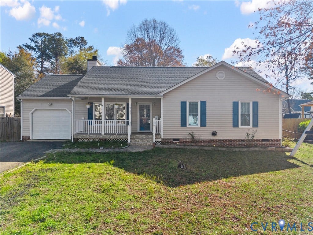 7323 Pineleaf Drive, Chesterfield, VA 23234 Ranch-style exterior featuring light-colored siding, a covered front porch with white railing, and a single-car garage