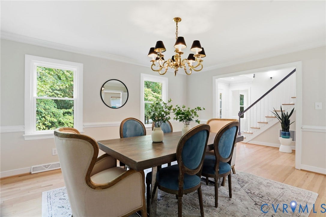 2904 Old Gun Rd W, Old Gun, Midlothian, VA 23113 Dining area featuring crown molding, chair rail molding, light wood-finish flooring, and a gold-finish chandelier