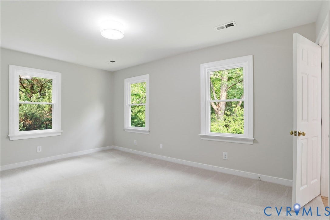 2904 Old Gun Rd W, Old Gun, Midlothian, VA 23113 Carpeted room with light gray walls, featuring three double-hung windows with white trim
