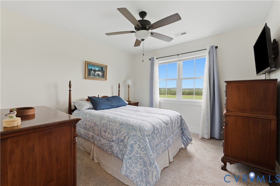 25181 W Soap Stone Rd, Amelia, VA 23083 Carpeted interior room featuring a multi-pane window, ceiling fan with integrated lighting, and light-colored walls