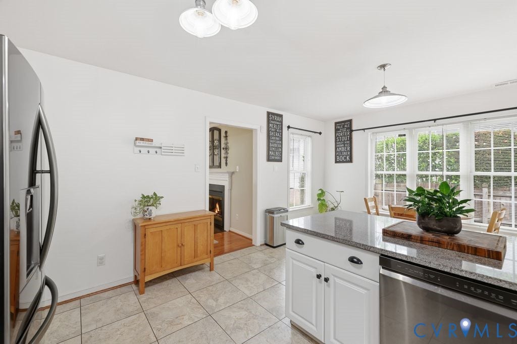 9437 Willow Ridge Drive, Glen Allen, VA 23060 Stainless steel refrigerator, white cabinetry, granite countertop island, stainless steel dishwasher, and tile flooring