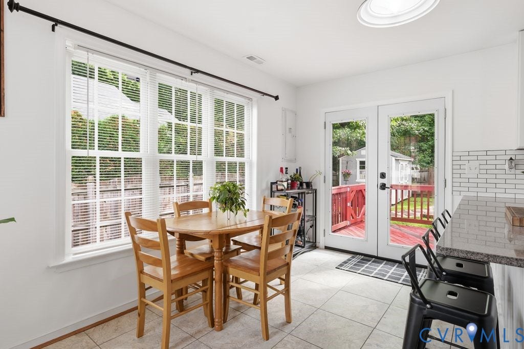 9437 Willow Ridge Drive, Glen Allen, VA 23060 Tile flooring, multiple windows, French doors, subway tile backsplash, and a breakfast bar with granite countertop