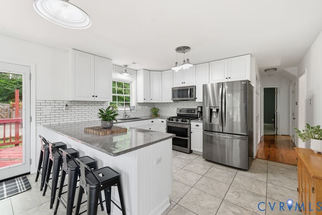 9437 Willow Ridge Drive, Glen Allen, VA 23060 Kitchen featuring a central island with countertop seating, white shaker cabinetry, stainless steel appliances, and subway tile backsplash