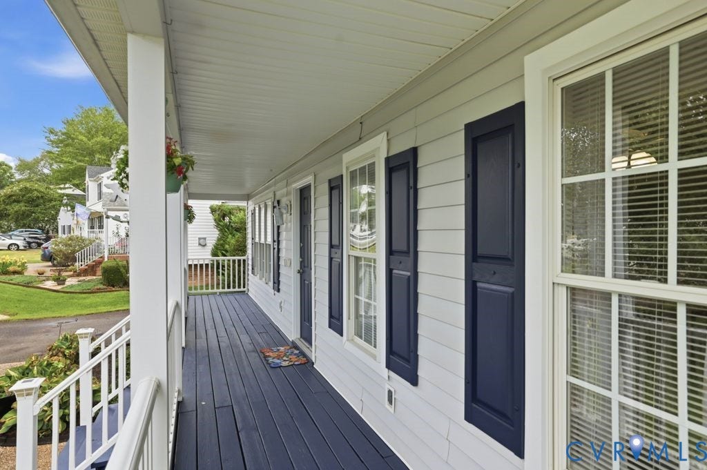 9437 Willow Ridge Drive, Glen Allen, VA 23060 Covered front porch with painted wood flooring, white siding, white window trim, and dark blue shutters