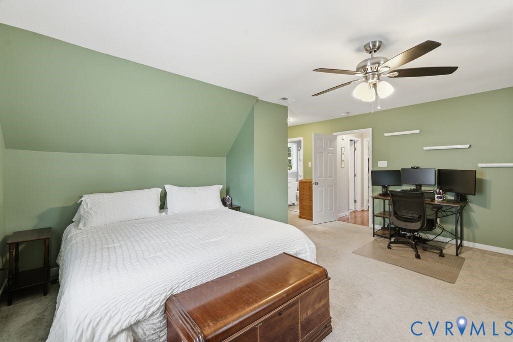 9437 Willow Ridge Drive, Glen Allen, VA 23060 Spacious room with sloped ceiling, light-colored carpeting, a ceiling fan, and painted walls