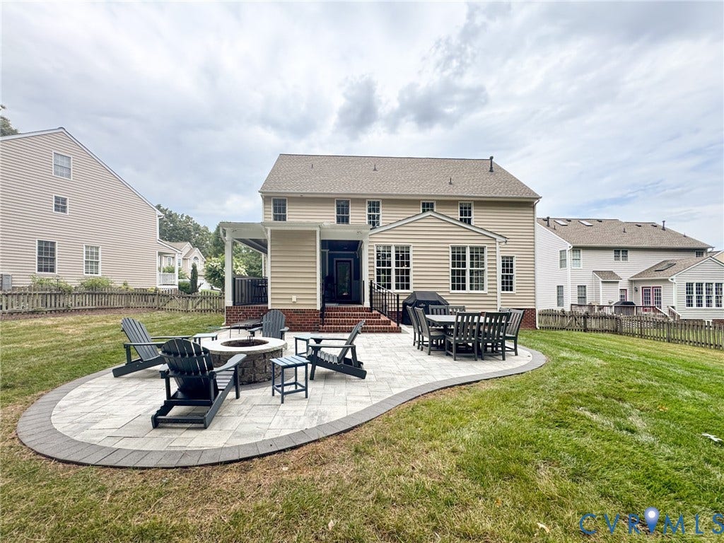 4805 Saddleridge Court, Saddleridge At Twin Hickory, Glen Allen, VA 23059 Expansive paver patio featuring a built-in fire pit and a dedicated dining area