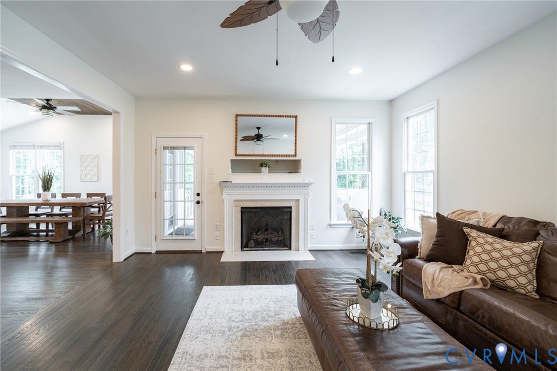 4805 Saddleridge Court, Saddleridge At Twin Hickory, Glen Allen, VA 23059 Living area featuring dark wood flooring, a white mantel fireplace, and ample natural light from multiple windows