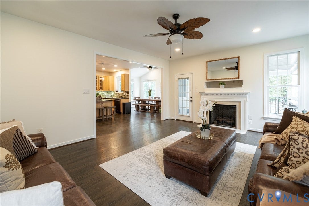 4805 Saddleridge Court, Saddleridge At Twin Hickory, Glen Allen, VA 23059 Spacious living area featuring dark wood flooring, a white mantel fireplace, and a decorative ceiling fan